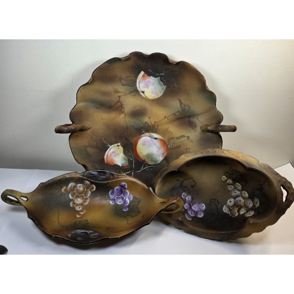 Antique Imperial Kinran 3 Piece Hand Painted Porcelain Serving Plate‎ & Bowls